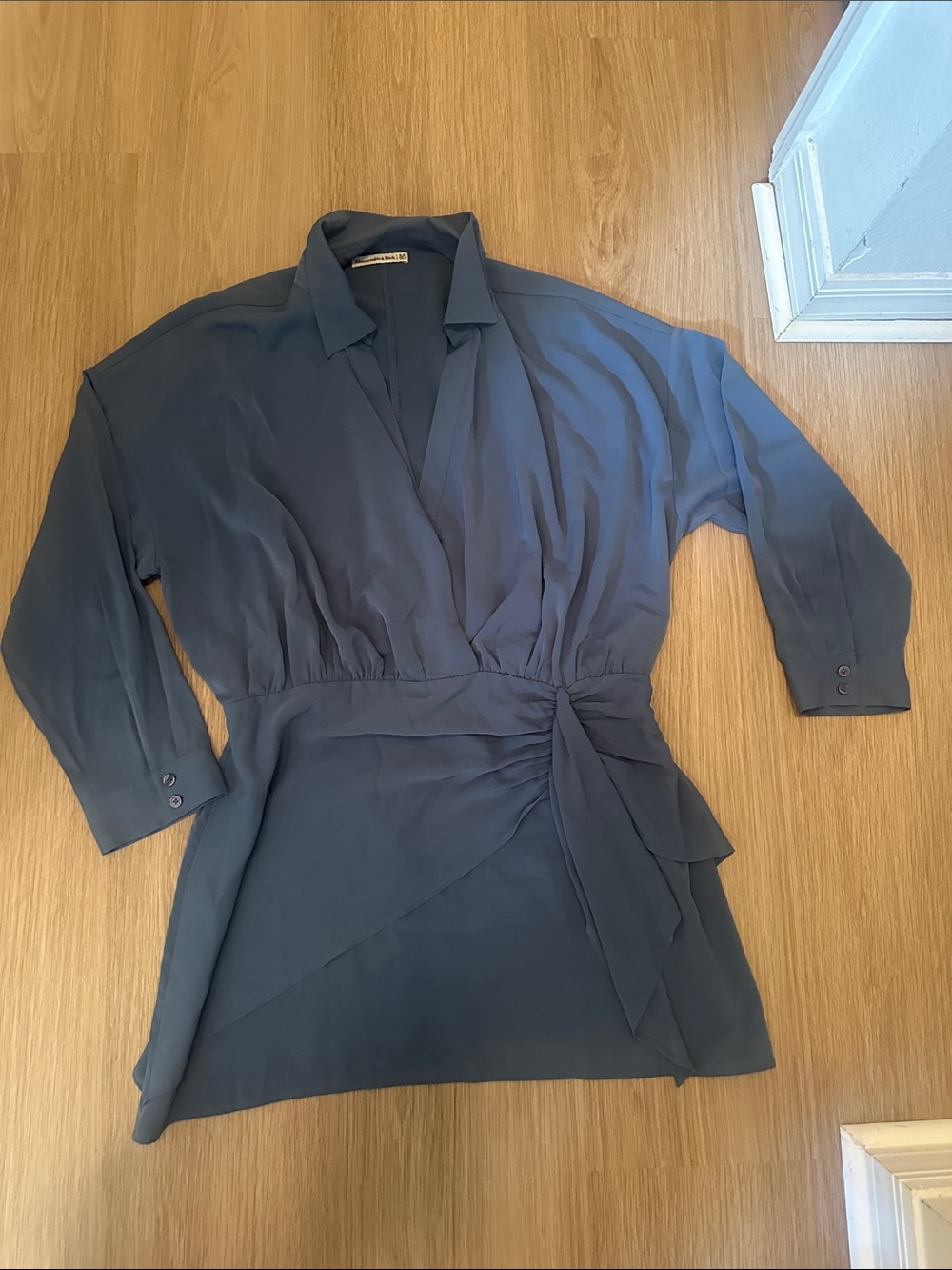 Abercrombie & Fitch Long Sleeve Faux Wrap Draped Slate Blue Dress XLP Petite - Picture 2 of 4